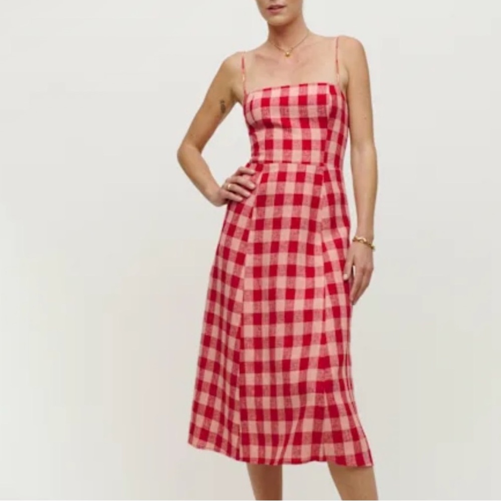 REFORMATION The Christen 💯 Linen Red-Pink Concha Check Adjustable Straps SZ: 6